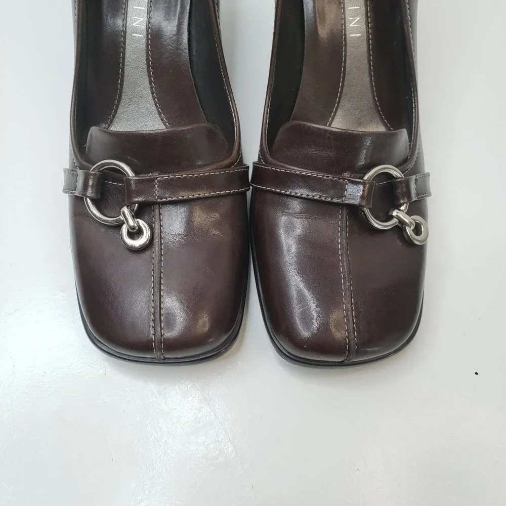 Gianni Bini Square Toe Pump Sz 7 Brown Leather Slip On Heeled Career Dress Shoe - Picture 3 of 11